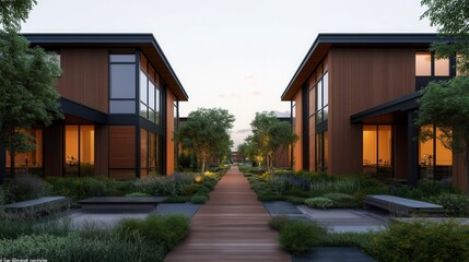 Eco-friendly garden greenery walls in an urban setting Modern homes with wooden facades and lush greenery pathway.