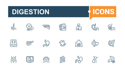 Digestion icons set. Icons intestine, nausea, digestion, bladder, man, stomach and more. Collection for mobile and web apps. Editable stroke. Vector illustration.