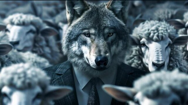Video of a wolf in costume among sheep. Suitable for illustrating the concepts of leadership, management and standing out from the crowd.
