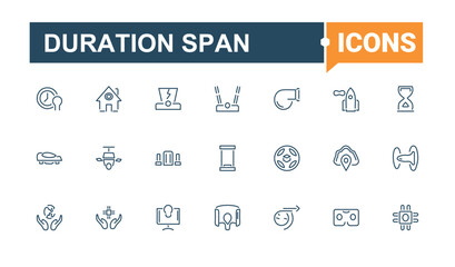 Duration Span linear icon collection. Includes thin line hour, calendar, hourglass, web, timer, time, length and more. Symbol. Vector icons editable stroke.