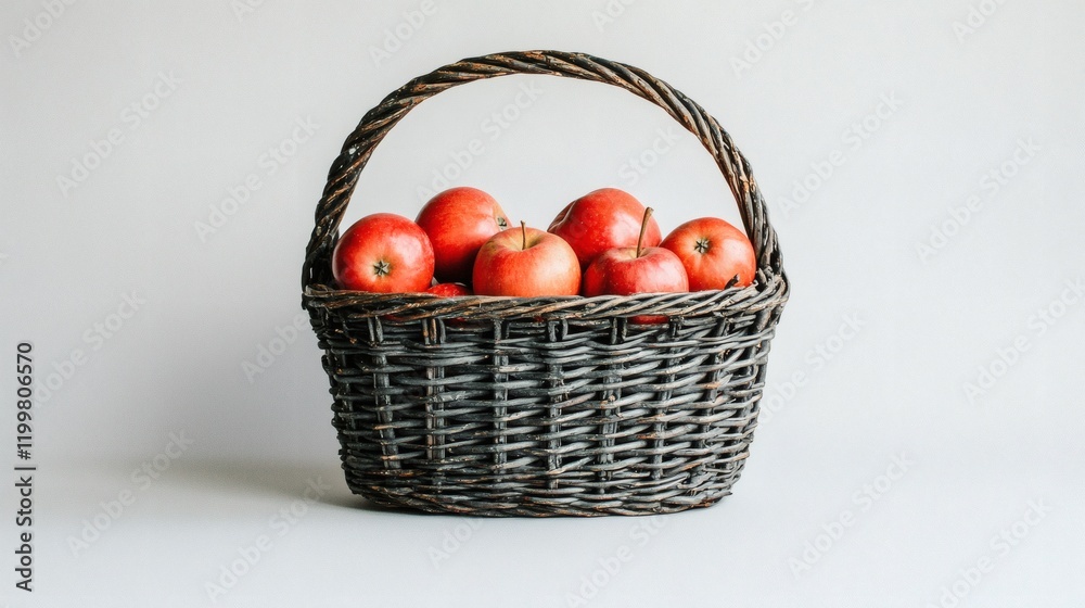 Poster isolated of apples placed inside a woven basket with a rustic aesthetic on a plain white background 