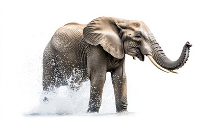 Obraz premium An elephant splashing water with its trunk, isolated on a clean white backdrop,