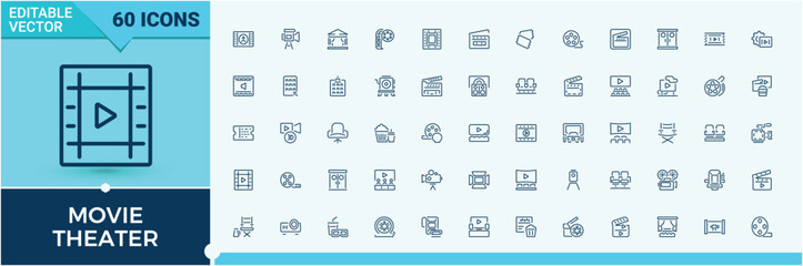 Movie Theater icons set. Contains related to projector, play, on, camera, cinema, glasses, video and more. Simple icon designs. Editable vector stroke.