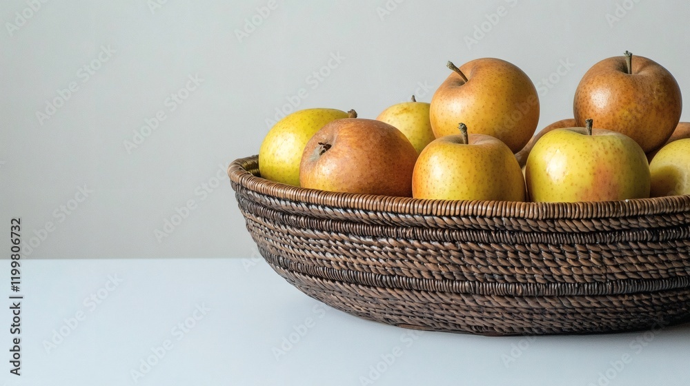 Poster isolated of apples placed inside a woven basket with a rustic aesthetic on a plain white background 