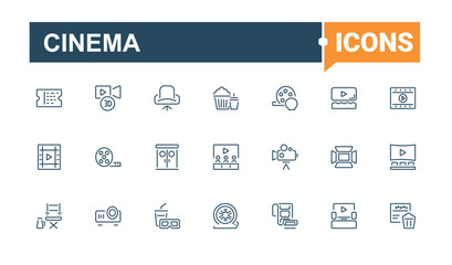 Cinema icons. Contains related to video, projector, movie, ticket, media, strip and more. Thin linear style icons. Vector illustration in modern line style.
