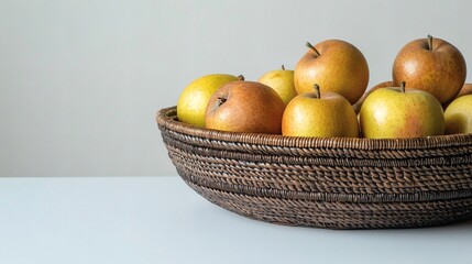 Isolated of apples placed inside a woven basket with a rustic aesthetic on a plain white background Stock Photo with side copy space