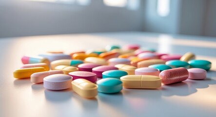 A colorful array of pills are displayed on a table.