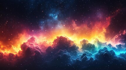A colorful cosmic scene featuring vibrant clouds and a starry sky, blending hues of blue, orange, and purple in a stunning display of interstellar beauty.