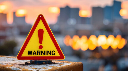 Hot weather alert in summer. Warning yellow sign with exclamation mark pointing to heatwave, hot spell and hot days in city. Extreme weather 