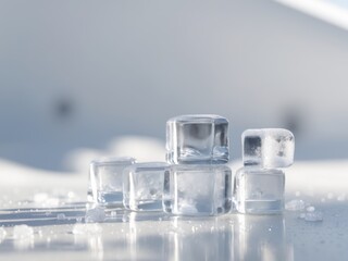 Clear ice cubes arranged on a pure white backdrop suitable for chilling drinks and mixology.
