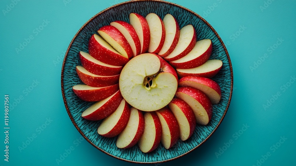 Poster Isolated of freshly sliced apple wedges arranged in a circular pattern on a plate on a white background Stock Photo with side copy space