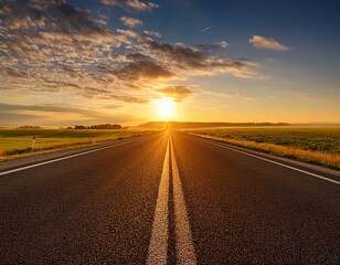 a straight highway stretching into the horizon with soft golden hues of a sunrise symbolizing a new beginning