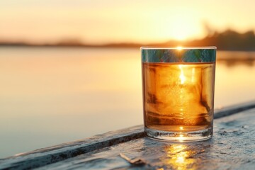 Relaxing by the water with a glass of whiskey during sunset on a tranquil evening