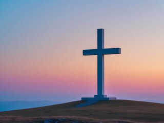 A cross standing on a hilltop illuminated by the setting sun