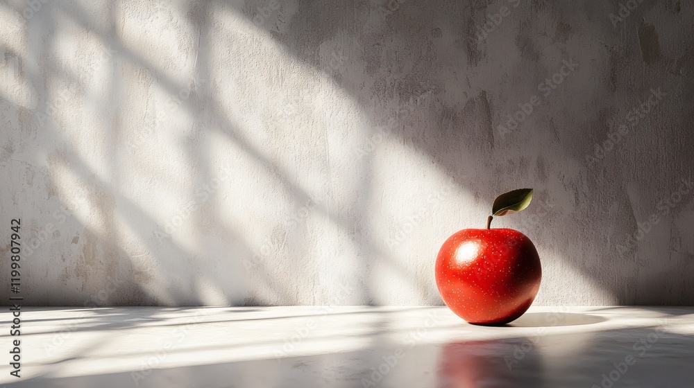 Poster Isolated of a single red apple with a stem and a vibrant natural shine placed on a plain white surface Stock Photo with side copy space