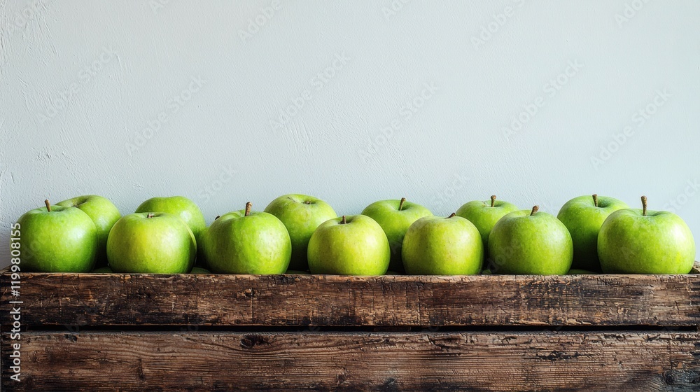 Poster isolated of green apples neatly stacked in a wooden box on a white background with ample negative sp