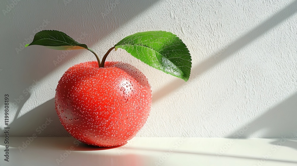 Poster Isolated of a single red apple with a stem and a vibrant natural shine placed on a plain white surface Stock Photo with side copy space