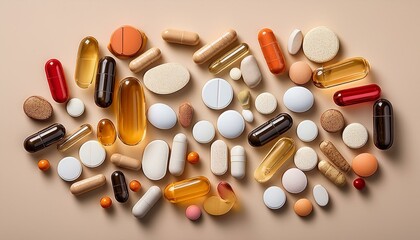 a diverse range of pills and capsules artistically arranged on a beige background highlighting pharmaceutical diversity and health themes