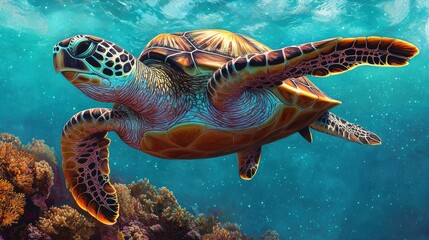 Fototapeta premium Majestic Sea Turtle Swimming Gracefully Through Vibrant Coral Reef