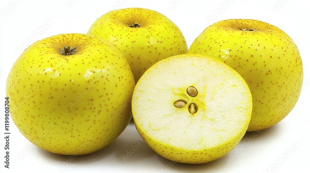 Poster Isolated of a single unripe apple with a light green hue placed on a seamless white background Stock Photo with side copy space