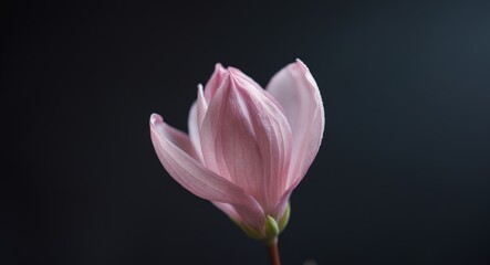 A close up of a pink flower with a black background.