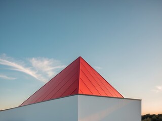 a modern house with a large red triangular roof.