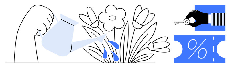 Hand pours water on blooming flowers, while another hand holds a key above a ticket with a percentage sign. Ideal for growth, nurturing, security, savings, gardening, investment, opportunity