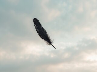 Obraz premium Solitary Black Feather Drifting Peacefully Through Pale Cloudy Sky Symbolic of Life s Transience.