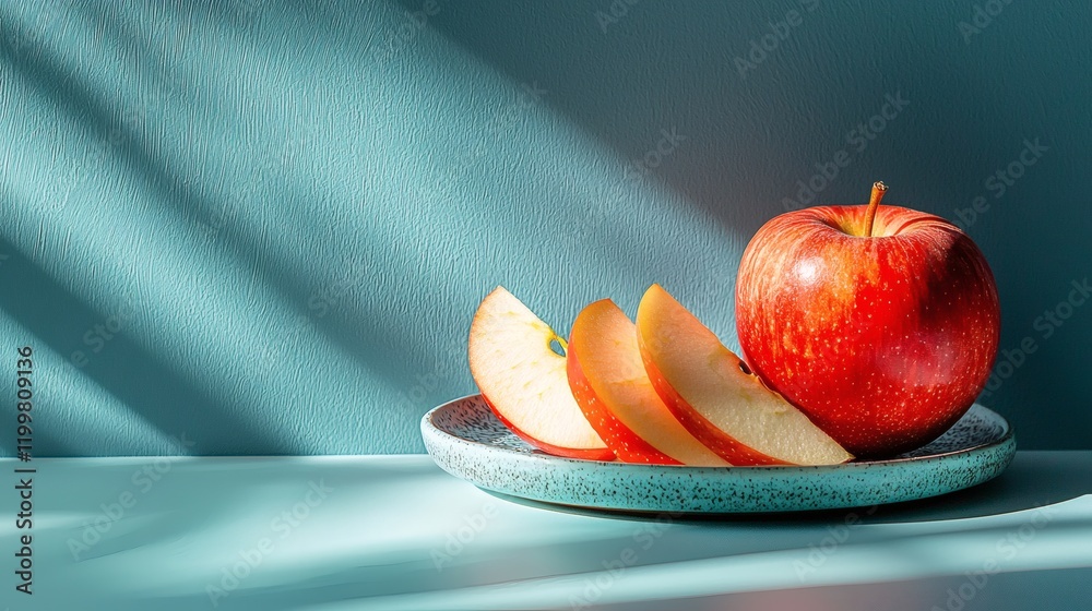 Poster isolated of a whole red apple next to thin slices positioned decoratively on a small ceramic plate o
