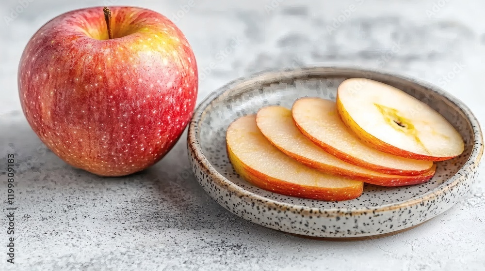 Poster isolated of a whole red apple next to thin slices positioned decoratively on a small ceramic plate o