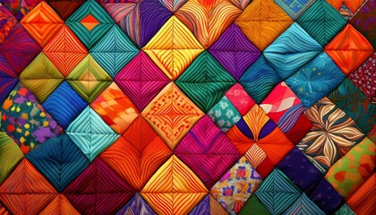 colorful patchwork quilt design featuring diverse patterns and vibrant colors in a quilted style for artistic decoration