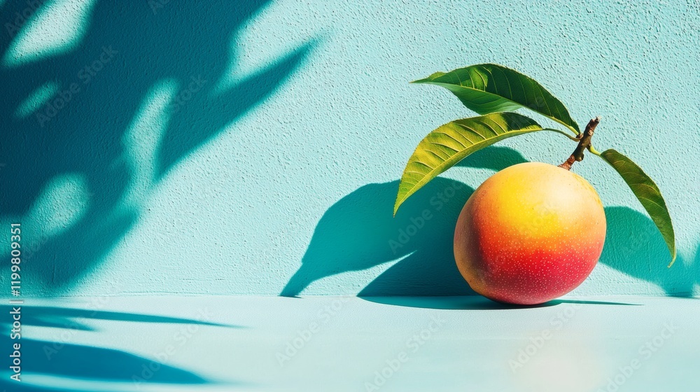 Poster isolated of a single ripe mango with smooth golden skin placed on a seamless white background stock 