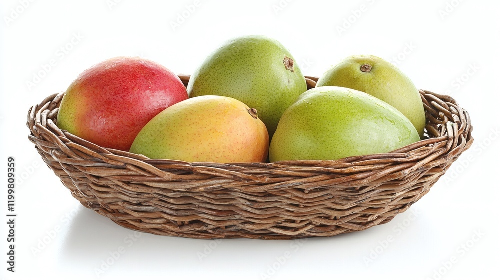 Poster isolated of fresh mangoes neatly arranged in a wicker basket creating a natural look on a white back