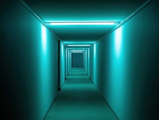 Fototapeta premium Mysterious and Futuristic Illuminated Corridor with Soft Teal Lighting, Creating a Sense of Depth and Intrigue in an Abandoned Area