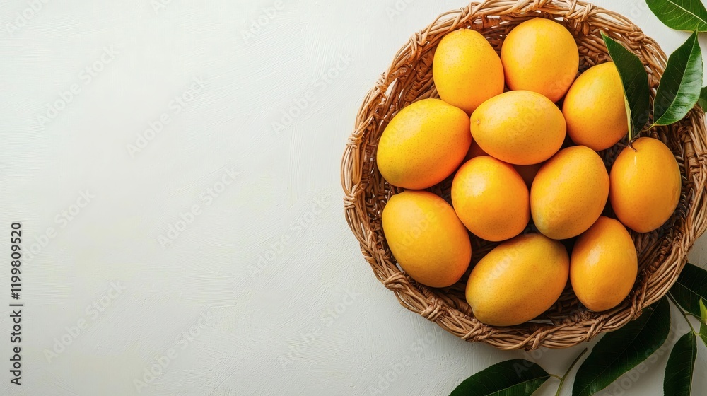 Poster isolated of fresh mangoes neatly arranged in a wicker basket creating a natural look on a white back