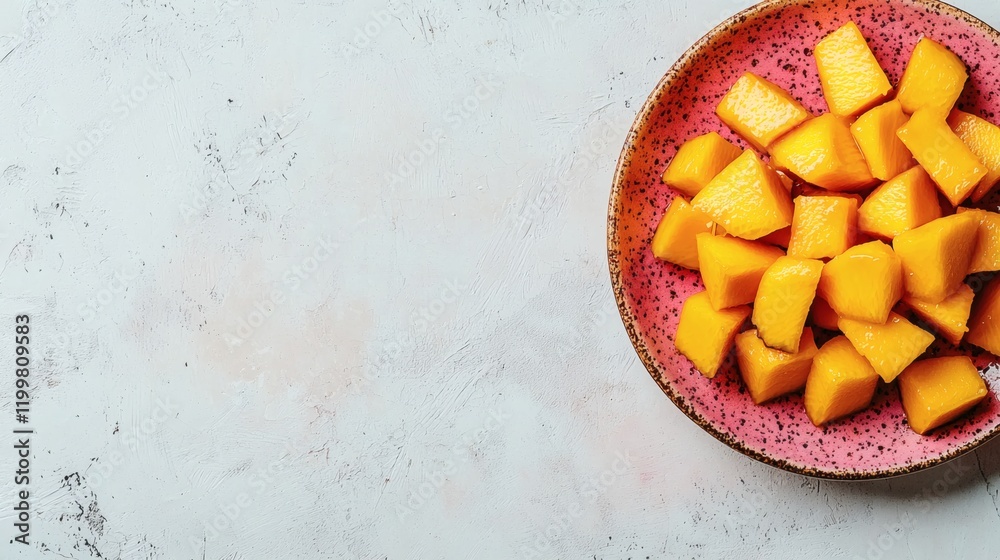 Poster isolated of sliced mango cubes displayed on a small ceramic plate with vibrant yellow tones on a whi