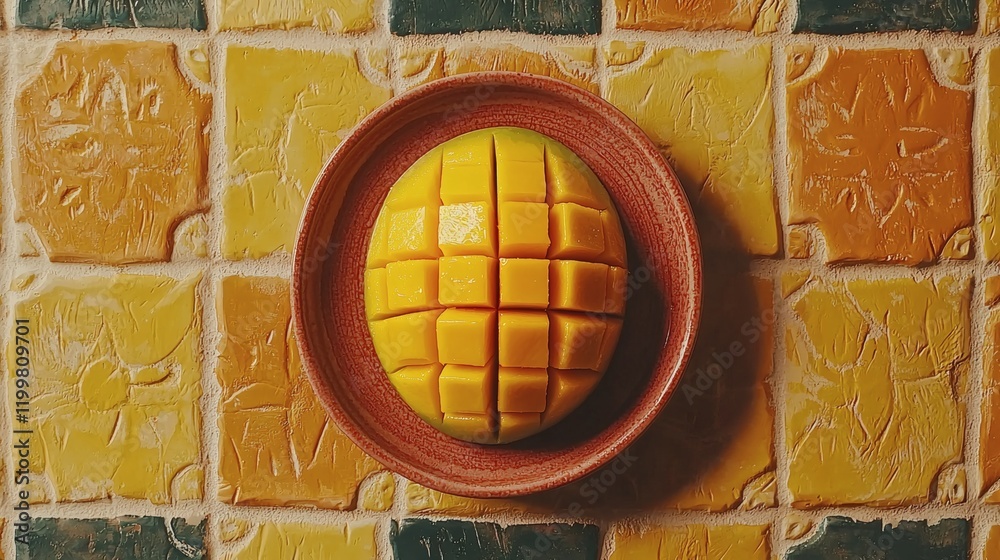 Aufkleber isolated of sliced mango cubes displayed on a small ceramic plate with vibrant yellow tones on a whi
