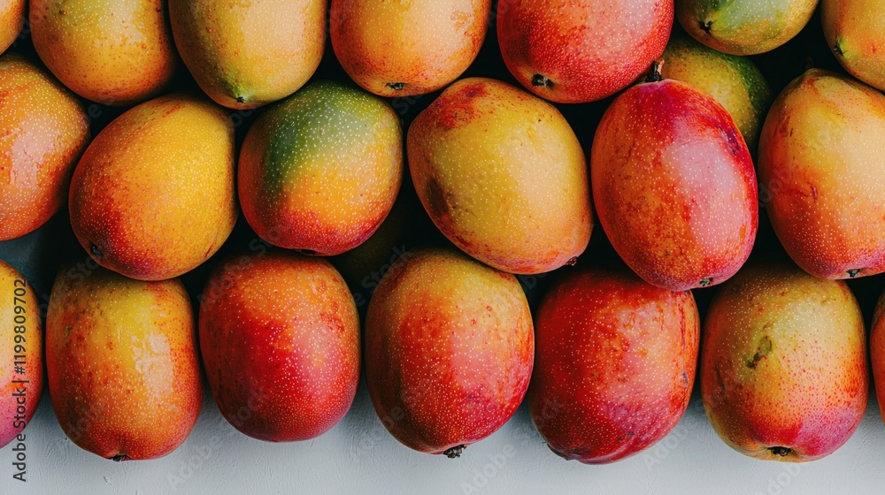Poster isolated of a pile of mangoes with varying shades of yellow and green stacked together on a seamless