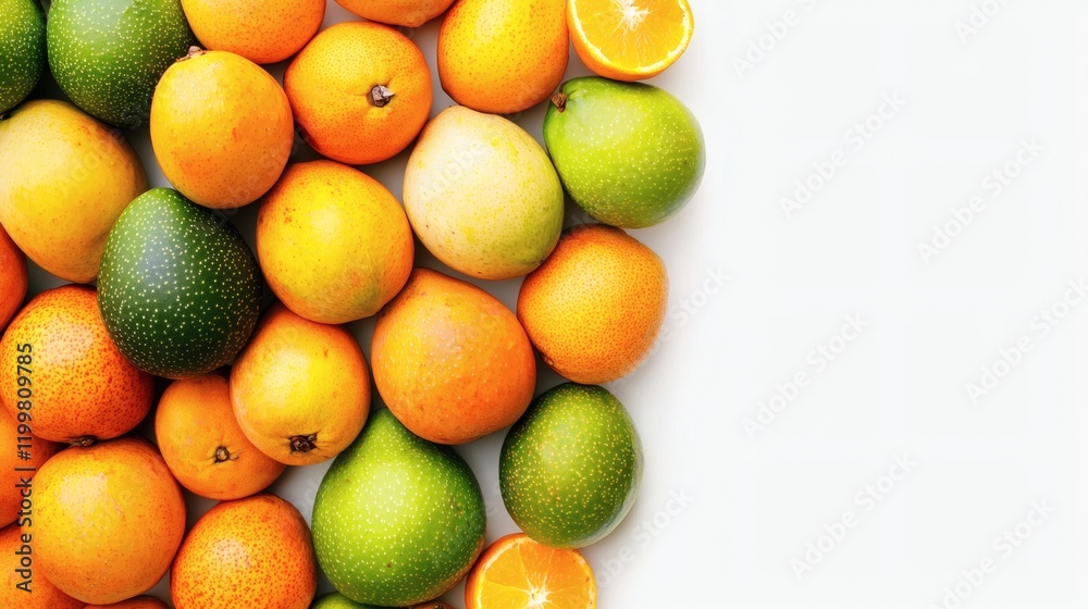 Poster isolated of a pile of mangoes with varying shades of yellow and green stacked together on a seamless