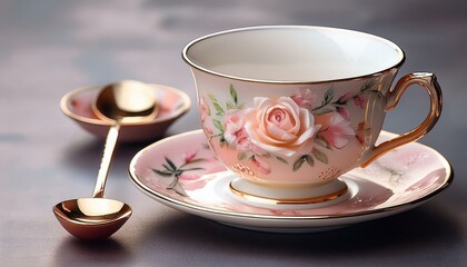 elegant floral teacup with spoon and saucer featuring delicate rose design for tea time decor and relaxation