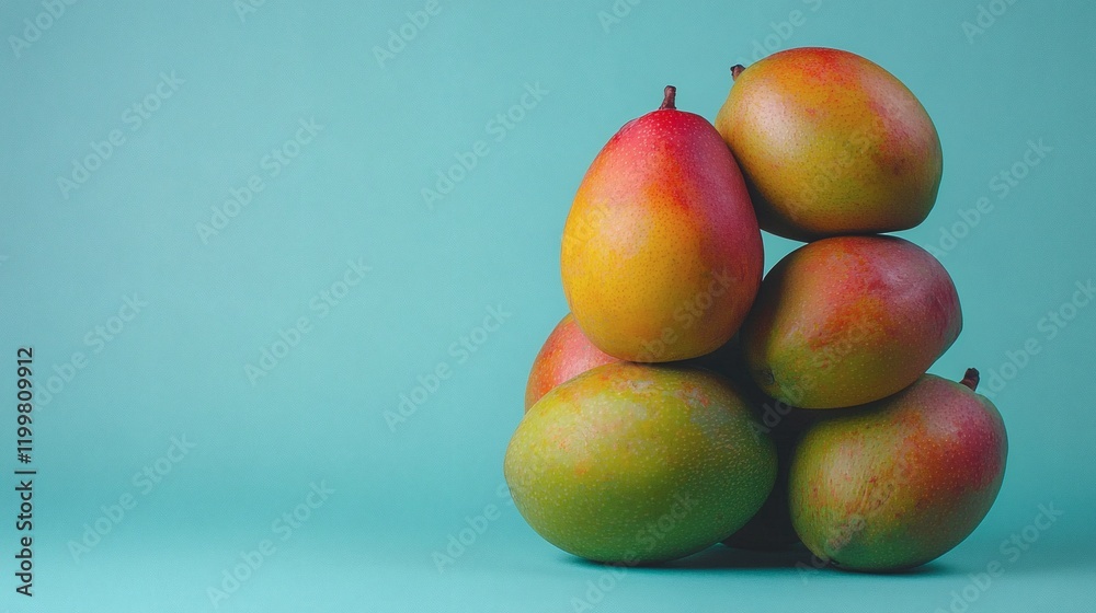 Poster isolated of a pile of mangoes with varying shades of yellow and green stacked together on a seamless