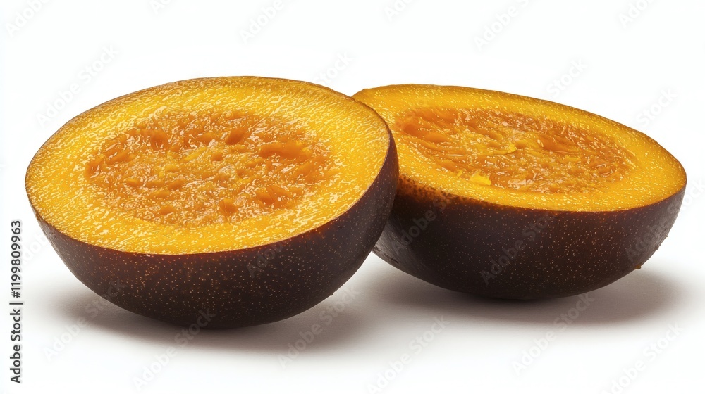 Aufkleber isolated of a mango cut into halves showcasing the bright juicy flesh and seed on a plain white surf