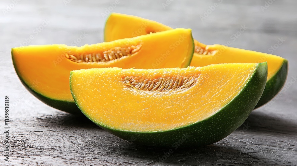 Aufkleber isolated of a mango cut into halves showcasing the bright juicy flesh and seed on a plain white surf