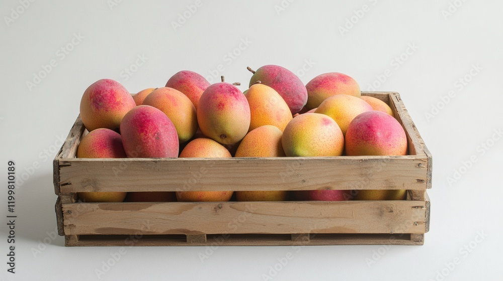 Poster isolated of a group of mangoes placed inside a wooden crate with a clean white background stock phot