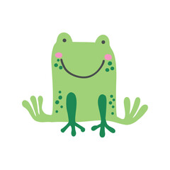 Cute green frog with a cheerful smile on a white background. Whimsical and fun, ideal for kids' illustrations, playful designs, and animal-themed decor.