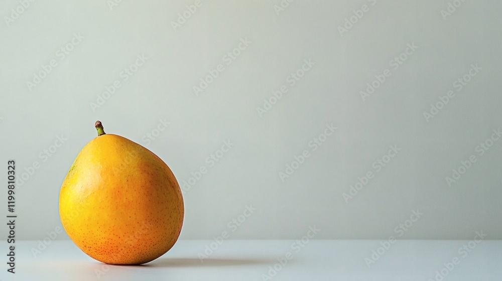 Poster isolated of a single mango with a vibrant yellow peel and small green accents positioned on a seamle