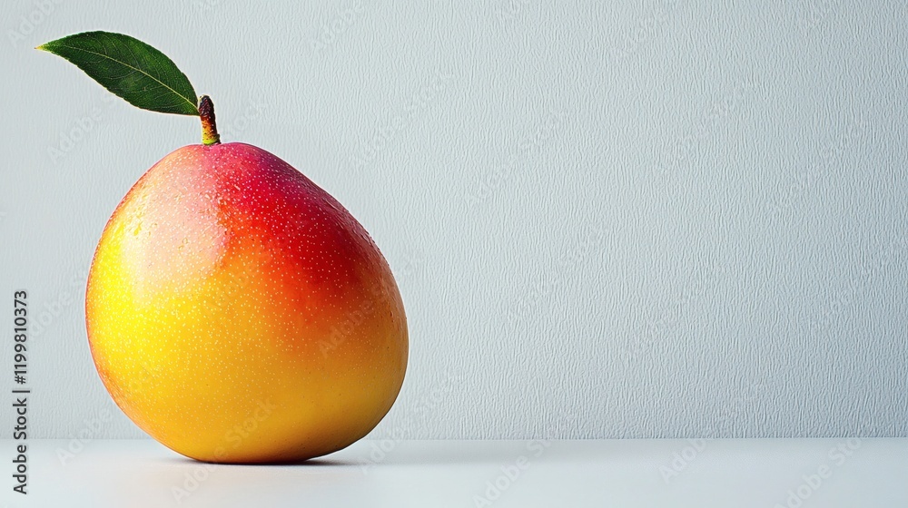 Poster isolated of a single mango with a vibrant yellow peel and small green accents positioned on a seamle