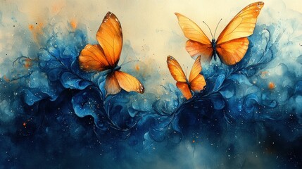 Three orange butterflies amidst swirling blue watercolor.