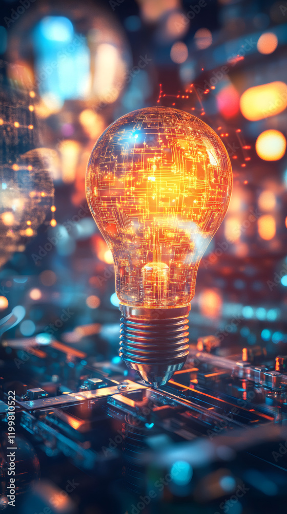 Aufkleber luminous electronic circuit within illuminated light bulb resting on computer motherboard, represent