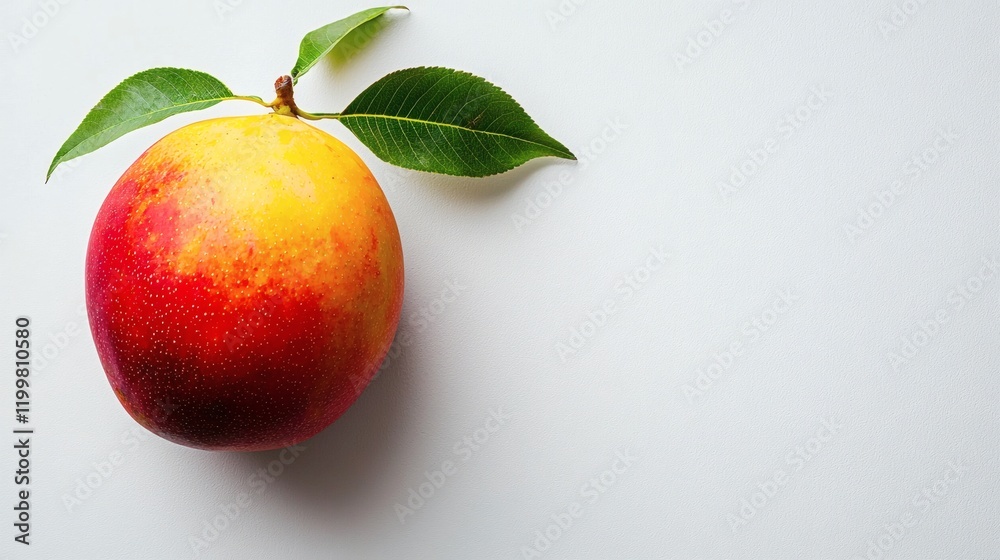 Poster isolated of a single mango with a vibrant yellow peel and small green accents positioned on a seamle